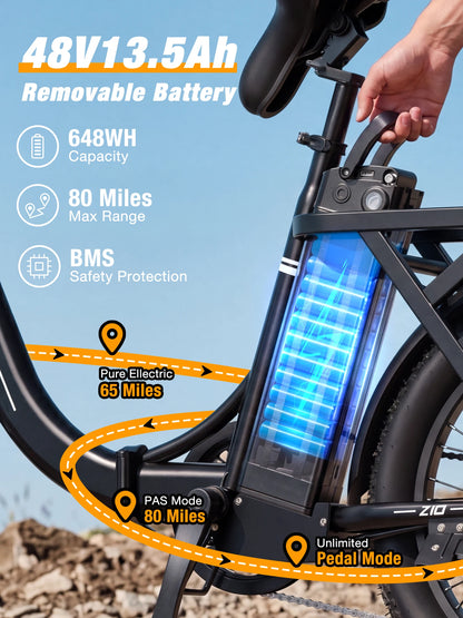 Hopepeak Z10 Folding Electric Bike for Adults, 1200W Peak Motor 48V 13.5Ah Battery, 20"×3" Fat Tire Commuter Ebike, 28MPH 80Mi,  7 Speed Foldable Electric Bicycle