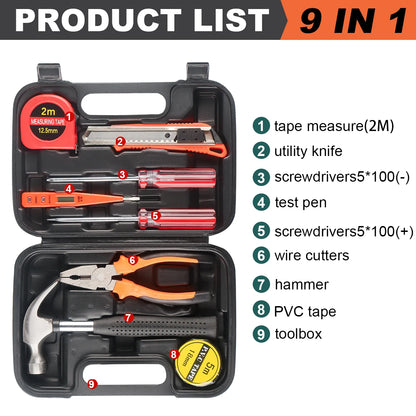 Household Hand Tools Set General House Hold Hand Tool Kit with Plastic Toolbox Storage Case Used to Car Repair and Home Repair