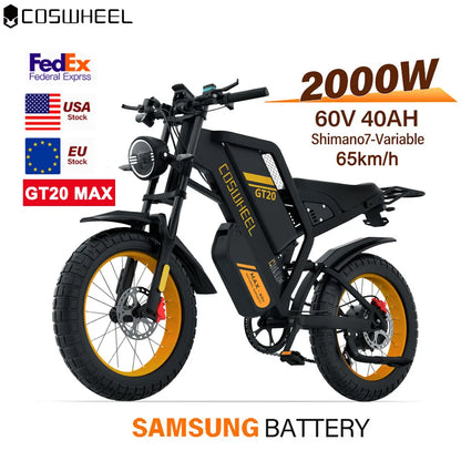 Coswheel Electric Bike for Adult 2000W 60V Off-Road Motorcycle Mountain Bikes 20Inch Electric Bike Fatbike Motorcycles E-bike