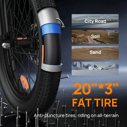 URLIFE 750W E20 Electric Bike | 48V 13Ah Removable Battery, 20MPH, 20''X3" Fat Tire, 7-Speed E-Bike with Dual Disc Brake
