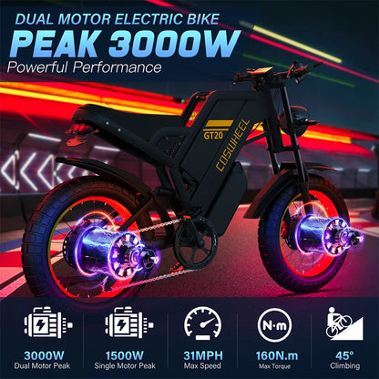 Coswheel Electric Bike for Adult 2000W 60V Off-Road Motorcycle Mountain Bikes 20Inch Electric Bike Fatbike Motorcycles E-bike