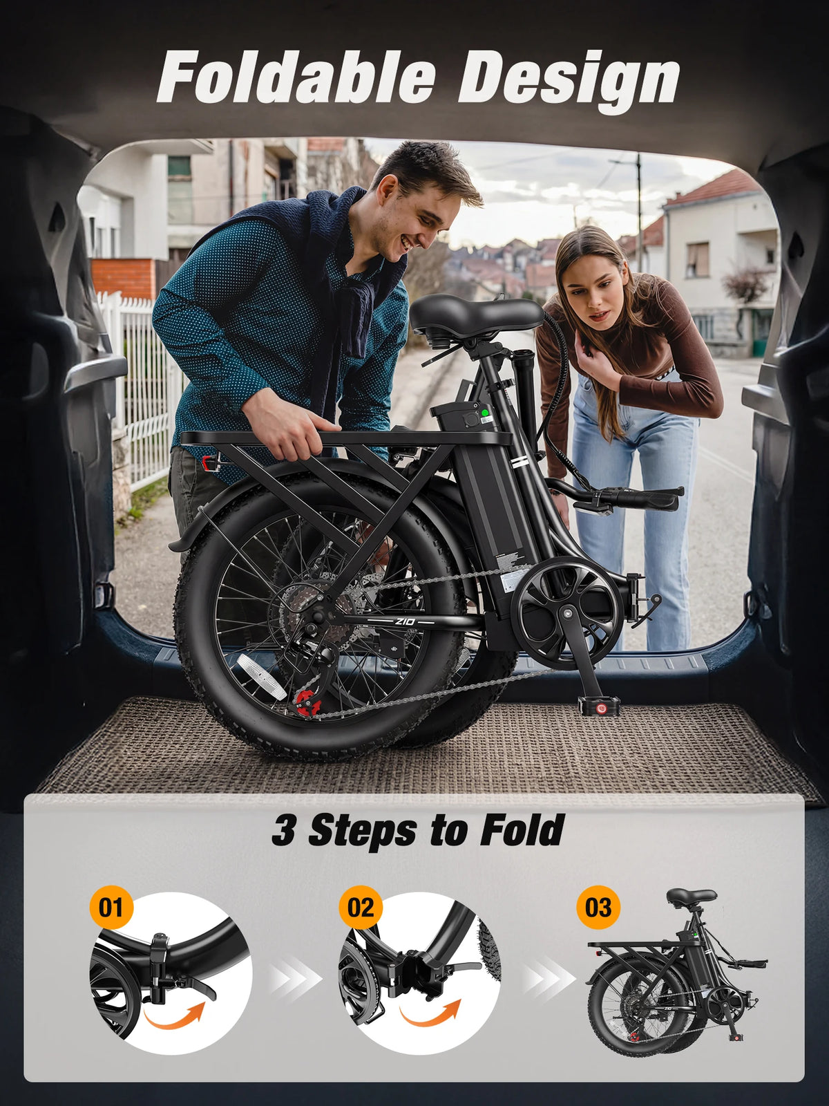 Hopepeak Z10 Folding Electric Bike for Adults, 1200W Peak Motor 48V 13.5Ah Battery, 20"×3" Fat Tire Commuter Ebike, 28MPH 80Mi,  7 Speed Foldable Electric Bicycle