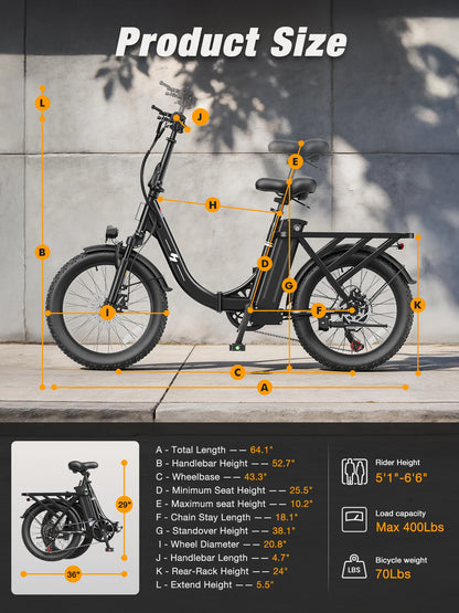 Hopepeak Z10 Folding Electric Bike for Adults, 1200W Peak Motor 48V 13.5Ah Battery, 20"×3" Fat Tire Commuter Ebike, 28MPH 80Mi,  7 Speed Foldable Electric Bicycle